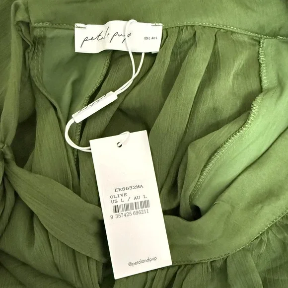 Petal & Pup Dress Womens L Olive Green Chiffon Sleeve Tiered Maxi Peasant Sleeve - Picture 6 of 9